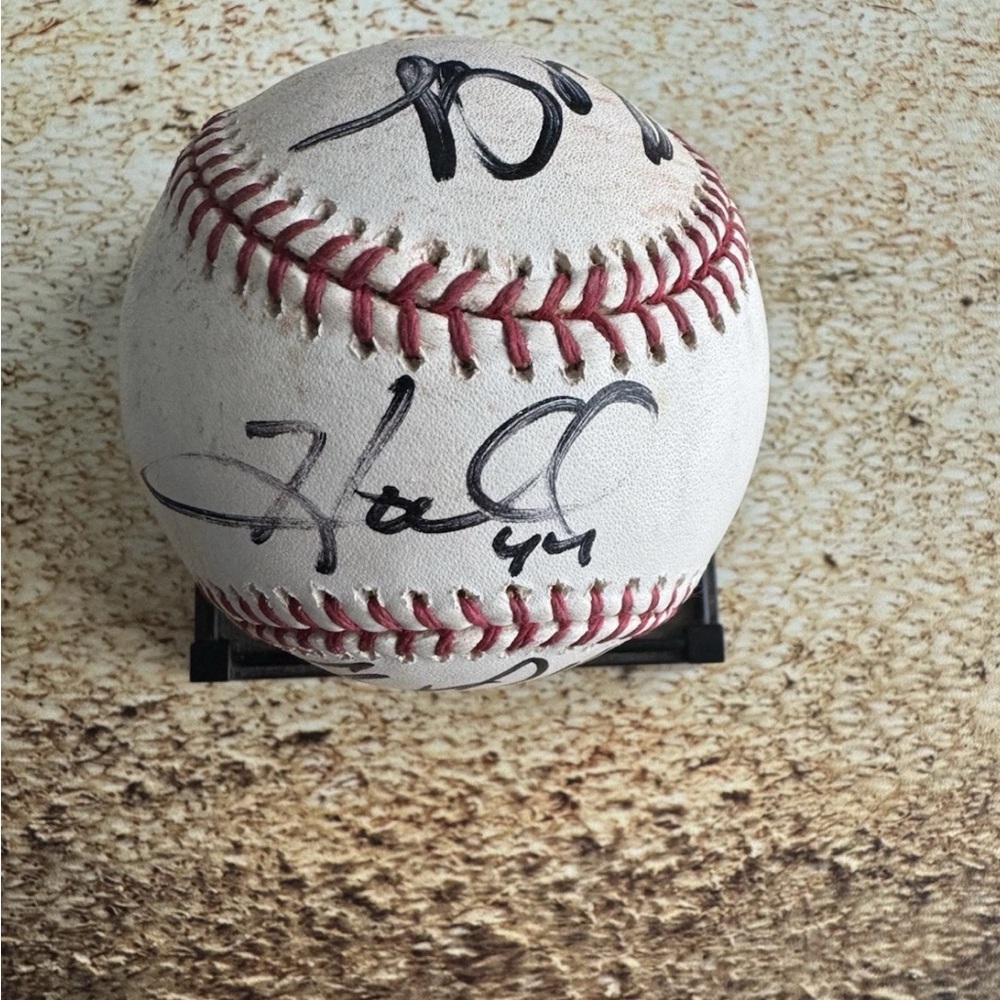 Toby Hall, Ruby Hugo & Chad Orvella Autographed Baseball. Season 2005 Rays.